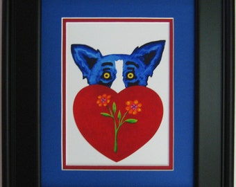 Matted & Framed George Rodrigue BLUE DOG Note Card - Overall Size of matted and framed item: 11.5" x 13.5"