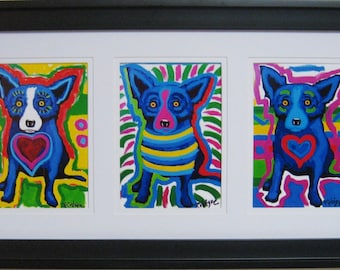 George Rodrigue Blue Dog Valentine Trio - Matted & Framed Cards - 22" x 12"  overall size