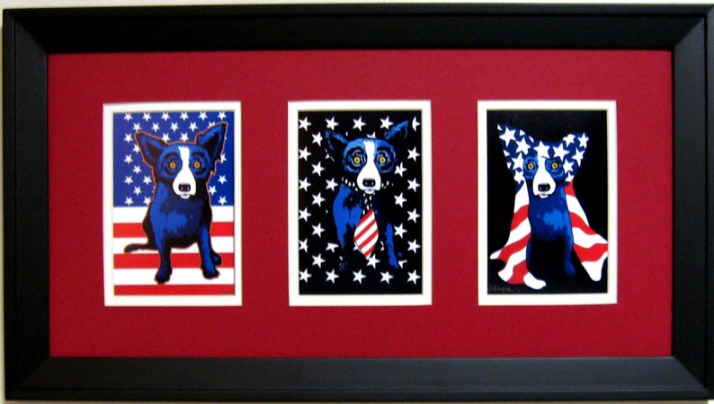 George Rodrigue Blue Dog Patriotic Trio 22 in x 12 in Buyers Choice of Mat Color image 2