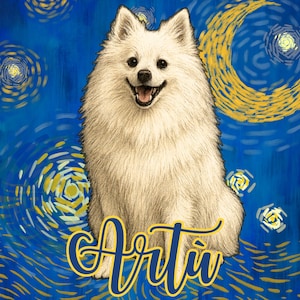 Può includere: Illustrazione digitale di un cane bianco e soffice con un'espressione sorridente, ambientata su uno sfondo blu vibrante che ricorda "La notte stellata" di Van Gogh. Il nome del cane, "Artiv", è scritto in un carattere stilizzato in basso.