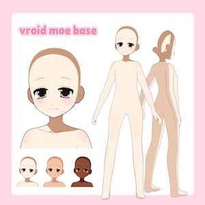 Peut inclure: Illustration d'une base de personnage de dessin animé avec différentes couleurs de peau. L'image comprend un portrait de face, une pose en pied et une vue arrière. Le texte "vroid moe base" est en haut. Le fond est rose clair.