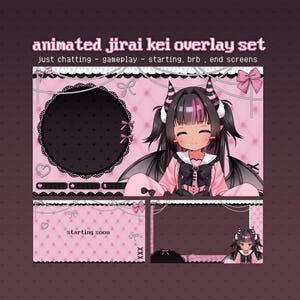 Può includere: Set di overlay animato Jirai Kei con elementi rosa e neri. Include schermate per chattare, giocare, iniziare e schermate finali. Caratterizzato da un simpatico personaggio anime con corna e ali e il testo "starting soon".