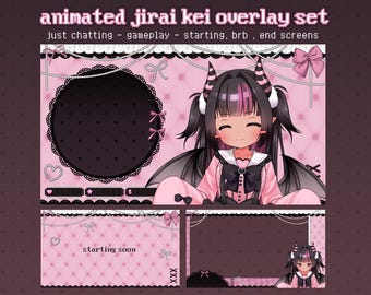 May include: Animated Jirai Kei overlay set in pink and black. Includes screens for chatting, gameplay, starting, and end screens. Features an anime character with horns and wings, and the text "starting soon".