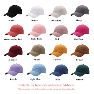 May include: A collection of baseball caps in various colors, including black, white, gray, and pink. The image displays a range of hues, such as watermelon red, light blue, and green. The text indicates the caps are suitable for head circumferences of 54-62cm.