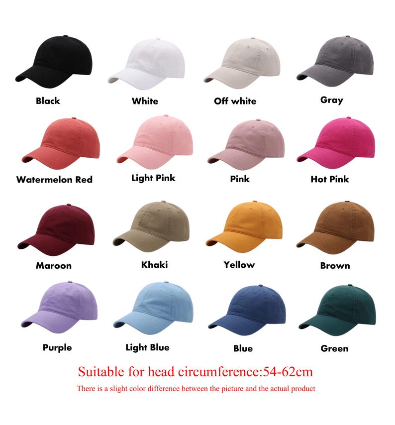 May include: A collection of baseball caps in various colors, including black, white, gray, and pink. The image displays a range of hues, such as watermelon red, light blue, and green. The text indicates the caps are suitable for head circumferences of 54-62cm.