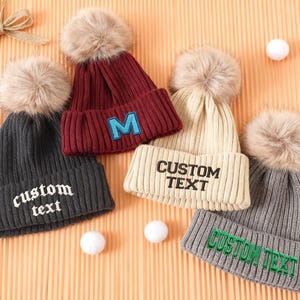 Custom Embroidered Knitted Hat,Monogram Hat with Fur Pom-Pom, Winter Hat, Beanie Hat,Personalized Adults Winter Knitted Hat With Name