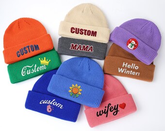 Benutzerdefinierte personalisierte Stickerei Hut,Beanie Benutzerdefinierte Logo / Text Hüte,Text Strickmütze, Wintermütze, Damen Mütze Hut, Familie benutzerdefinierte Strickmütze