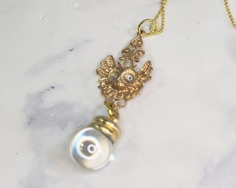 Labyrinth Jareth Goblin King Necklace: Crystal Orb, Gold Owl Charm