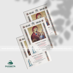 Könnte beinhalten: Drei Anerkennungsurkunden mit religiösen Bildern. Jede Urkunde zeigt eine Ikone einer Frau in Rot und Gold, mit dekorativen Bordüren und Text. Die Urkunden sind auf einem hellen Hintergrund angeordnet.