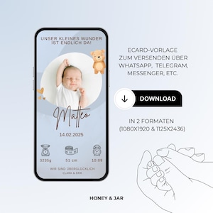 Anuncio de nacimiento digital personalizado | Anuncio de bebé | Tarjeta electrónica | Tarjeta digital para bebé | Anuncio de nacimiento de niño l Plantilla Canva Nacimiento
