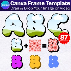 Peut inclure: Un modèle de cadre Canva avec les lettres A, B et C dans un style bulle avec un fond de ciel et d'herbe. Les lettres sont représentées avec un motif floral rose et un signe plus. Le texte "87 caractères" est dans un cercle rouge.