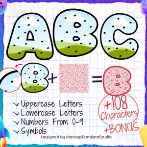 May include: A digital graphic showing the letters A, B, and C with a sky and grass pattern. It demonstrates how to add a pink floral pattern to a letter B. Text includes Uppercase Letters, Lowercase Letters, Numbers From 0-9, Symbols, and +108 Characters +BONUS.