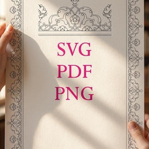 May include: A rectangular off-white paper sheet featuring a black decorative floral border and a central black ornamental arch design. The text SVG, PDF, and PNG is printed in magenta in the center of the page, framed by the intricate border.