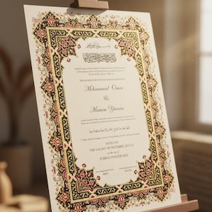 May include: An ornate certificate with Arabic calligraphy and floral border details. The document features the names "Mohammad Omar" and "Mariem Yasmin", along with the date "December 15th, 2025" and the city "Zurich, Switzerland".