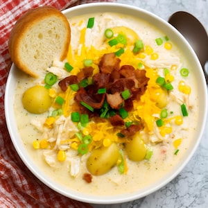 May include: A creamy soup in a white bowl, garnished with shredded cheddar cheese, chopped bacon, and green onions. The soup contains corn, potatoes, and chicken. A slice of bread rests on the side, with a red and white checkered napkin in the background.