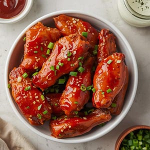May include: A white bowl filled with glazed chicken wings, garnished with chopped green onions and sesame seeds. The wings are a deep red color and appear to be freshly cooked. Small bowls of dipping sauces are visible in the background.