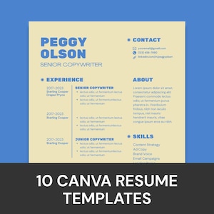 May include: A resume template featuring a light yellow background with blue text. The document includes sections for contact information, experience, about, and skills, with the name Peggy Olson and the title Senior Copywriter displayed at the top.