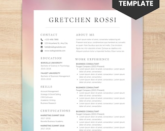 Op de afbeelding: Een cv-sjabloon met de naam "Gretchen Rossi" bovenaan. Het cv bevat secties voor contactgegevens, opleiding, vaardigheden, certificeringen en werkervaring. De achtergrond heeft een verloop van roze, paars en blauw.
