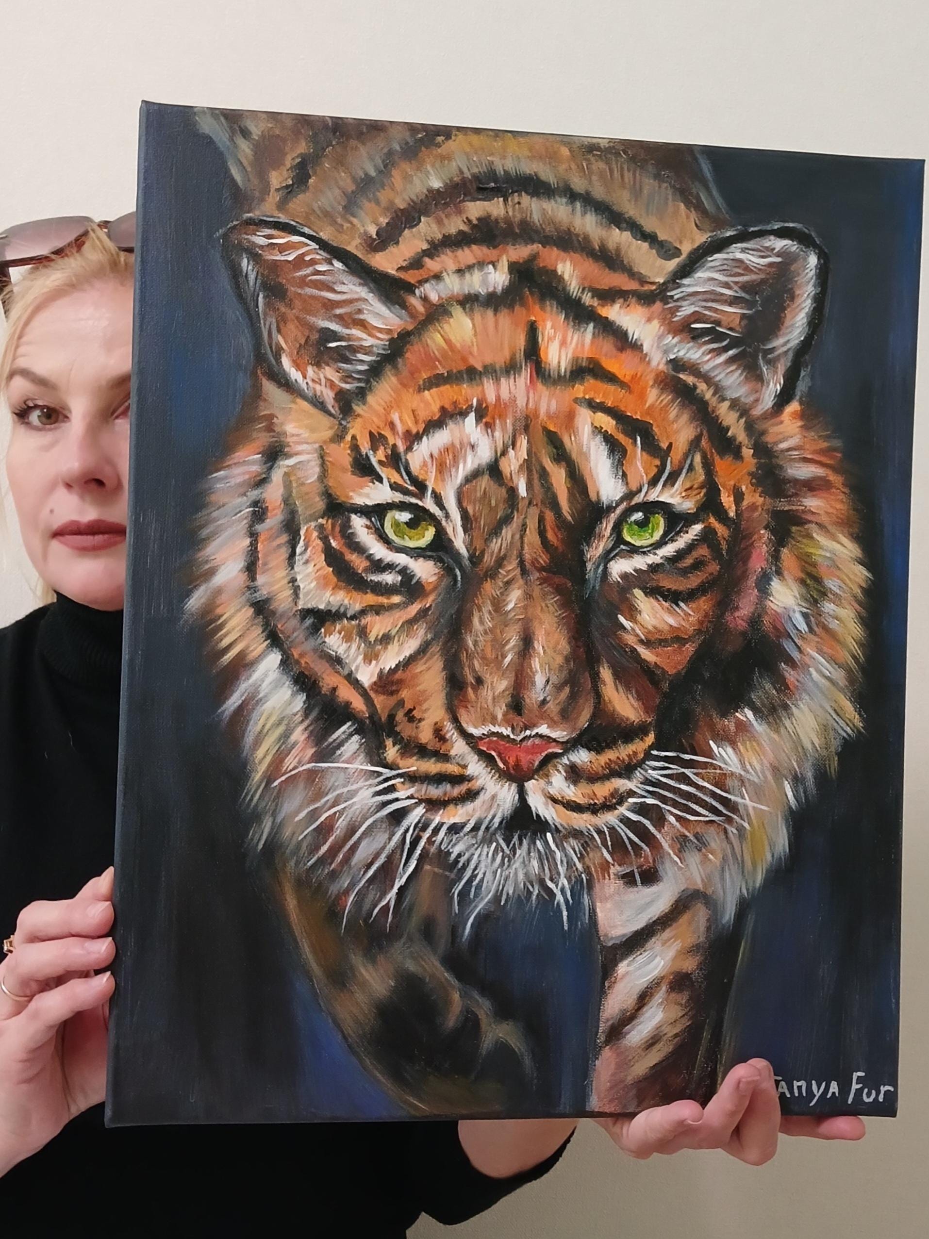 虎の絵。野生動物、アクリル画。すぐに掛けられます。オリジナルで
