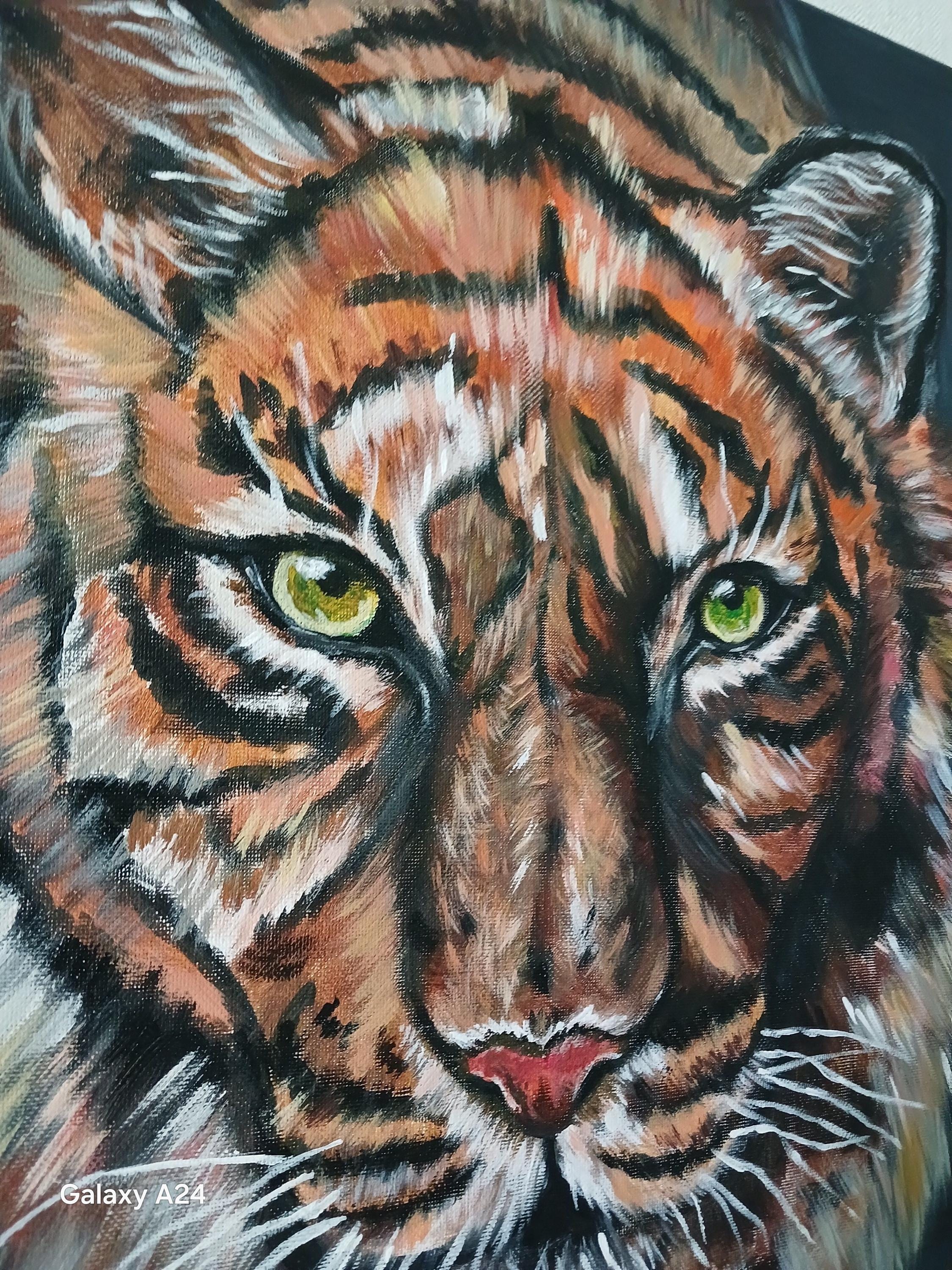 虎の絵。野生動物、アクリル画。すぐに掛けられます。オリジナルで