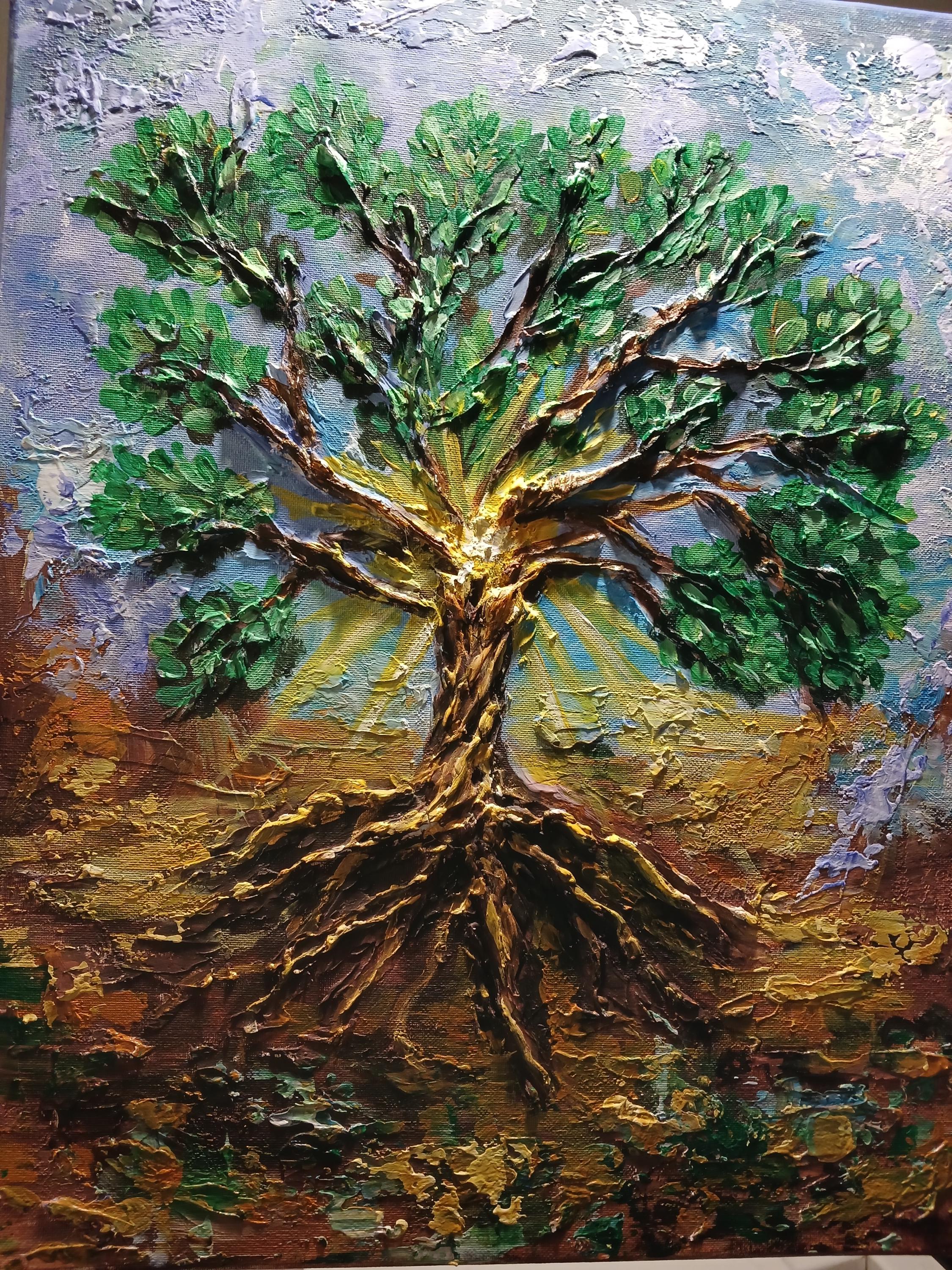 絵画 TREE Tree Painting. Green Tree of Life. Hand-painted. Relief Original