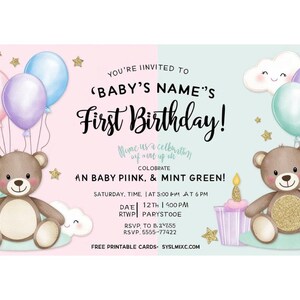 Faire-part premier anniversaire modifiable | Carte 1er anniversaire imprimable | Faire-part bébé pastel pour garçon ou fille | Joli premier anniversaire à téléchargement immédiat