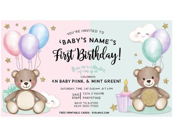 Bunny & Balloons First Birthday Invitation: Pastel Colors (Editable Canva Template)