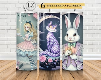 Alice im Wunderland Tumbler Wrap 20 Unzen Skinny Wrap PNG Cheshire Cat, weißes Kaninchen & Alice Sublimation Design Digitaler Download Nahtlos