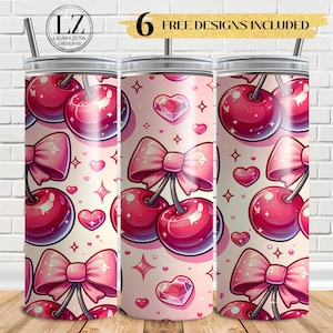 Cute Cherry Tumbler Wrap PNG 20oz Skinny Sublimation Design Kawaii Pink Bow Cherries & Hearts Seamless Digital Download Cherry and Bows PNG