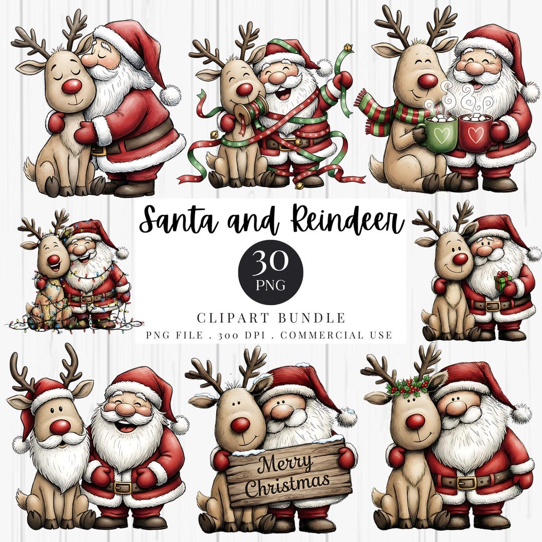 Santa & Reindeer Clipart PNG Bundle, Christmas Santa Claus Reindeer ...