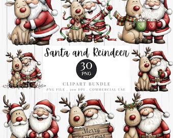 Santa & Reindeer Clipart PNG Bundle, Christmas Santa Claus Reindeer Graphics, Cute Holiday Digital Download
