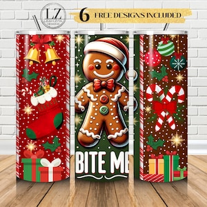 Bite Me Funny Gingerbread Man PNG Christmas Sublimation Design 20oz Tumbler Wrap 20oz Skinny Holiday Cup  Seamless File Digital Download