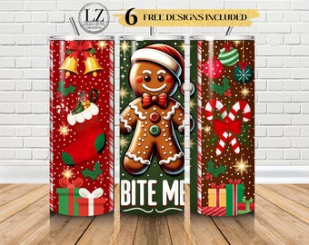 Bite Me Funny Gingerbread Man PNG Christmas Sublimation Design 20oz Tumbler Wrap 20oz Skinny Holiday Cup  Seamless File Digital Download
