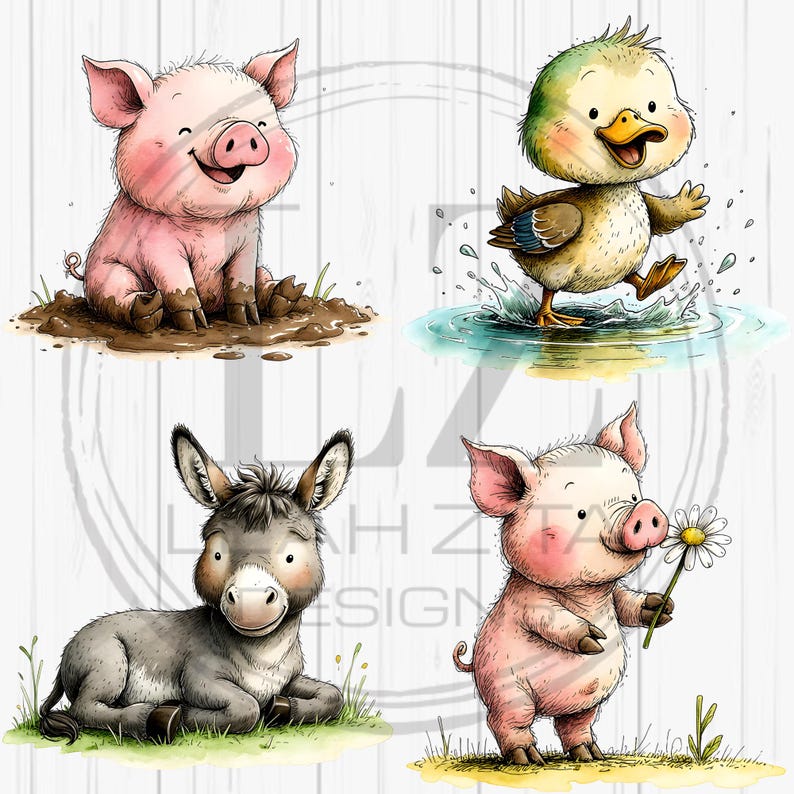Cute Farm Animals Clipart Bundle, Watercolor Farm Animal PNG, Nursery ...
