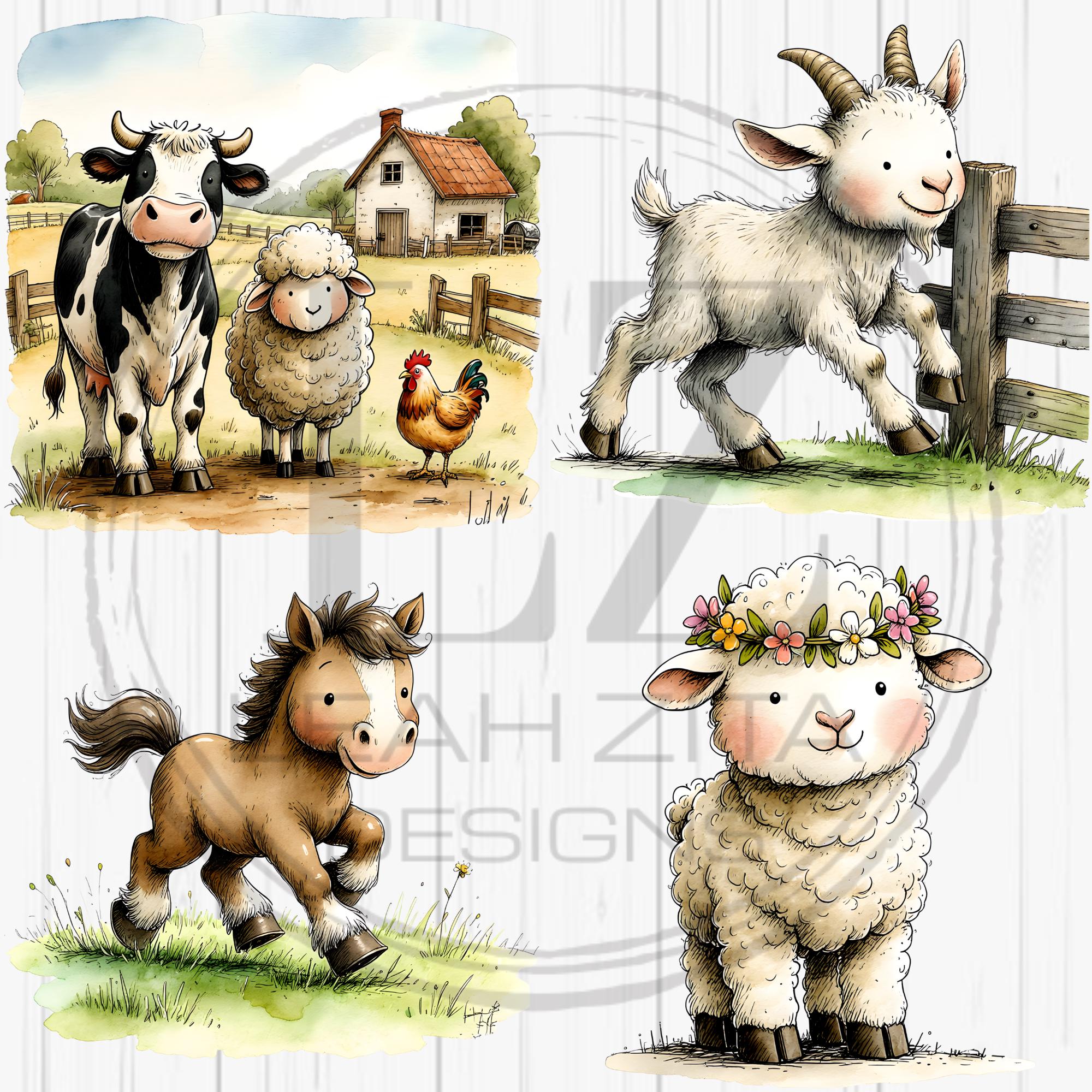 Cute Farm Animals Clipart Bundle, Watercolor Farm Animal PNG, Nursery ...