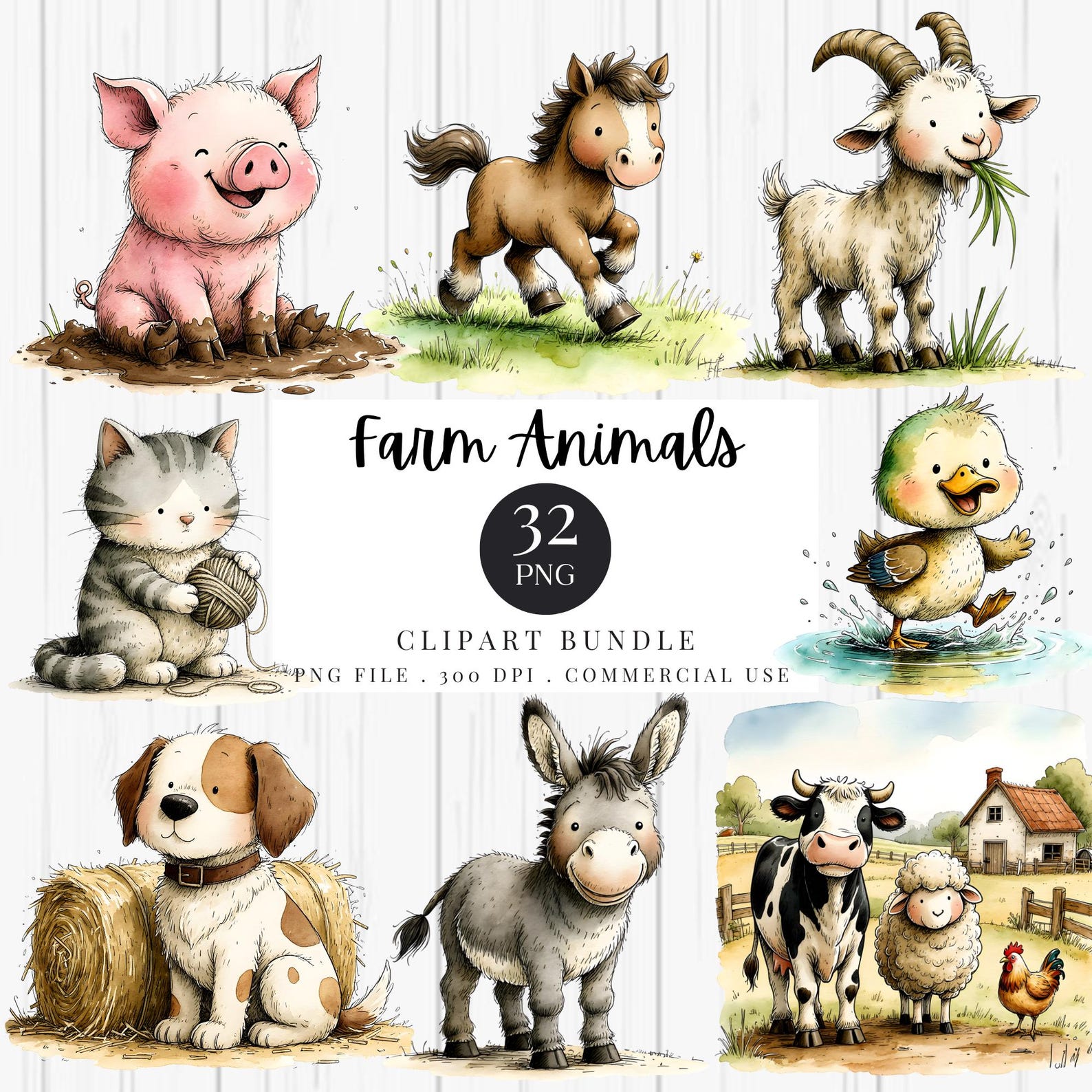Cute Farm Animals Clipart Bundle, Watercolor Farm Animal PNG, Nursery ...