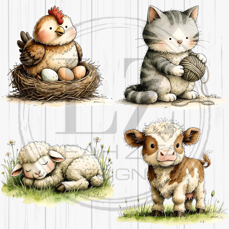 Cute Farm Animals Clipart Bundle, Watercolor Farm Animal PNG, Nursery ...