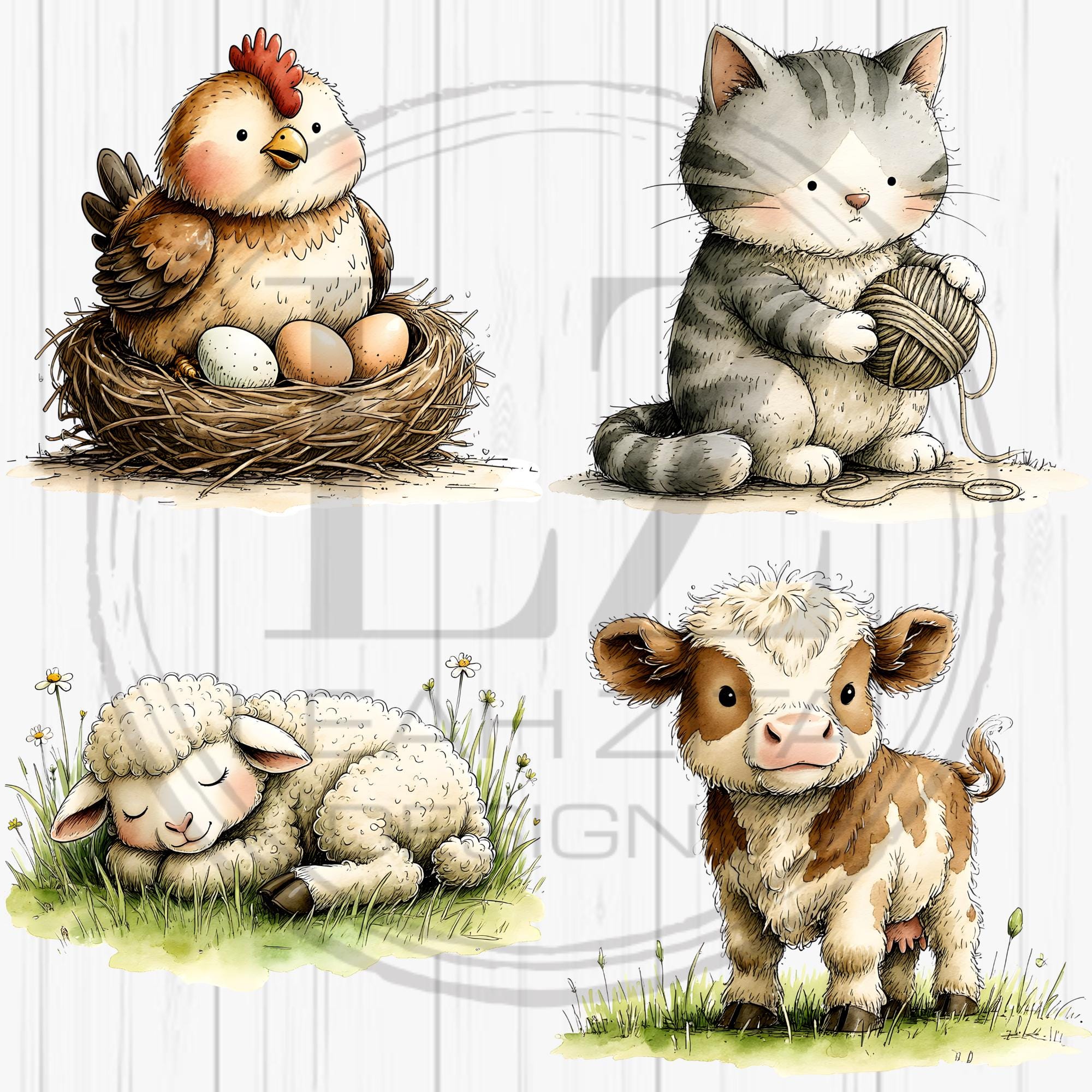 Cute Farm Animals Clipart Bundle, Watercolor Farm Animal PNG, Nursery ...