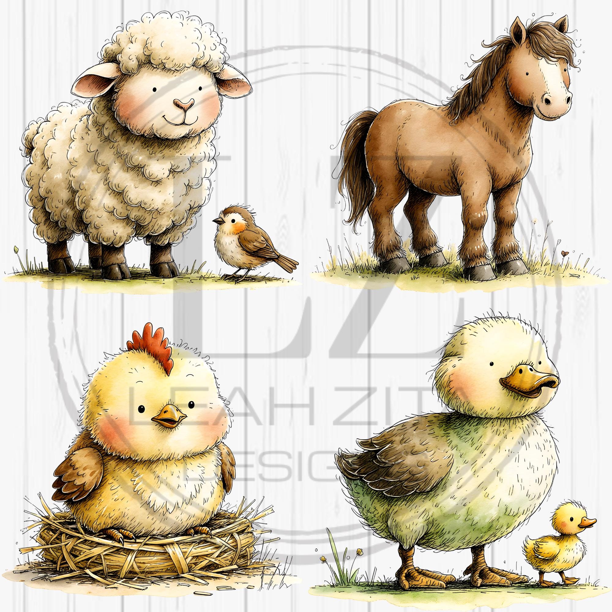 Cute Farm Animals Clipart Bundle, Watercolor Farm Animal PNG, Nursery ...