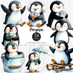 Könnte beinhalten: Eine Sammlung von Aquarell-Pinguin-Clipart. Die Pinguine werden in verschiedenen Posen dargestellt, darunter beim Halten von Eis, beim Tragen von Ohrenschützern und beim Halten eines Regenschirms. Der Text "Penguin 24 PNG" ist ebenfalls sichtbar.