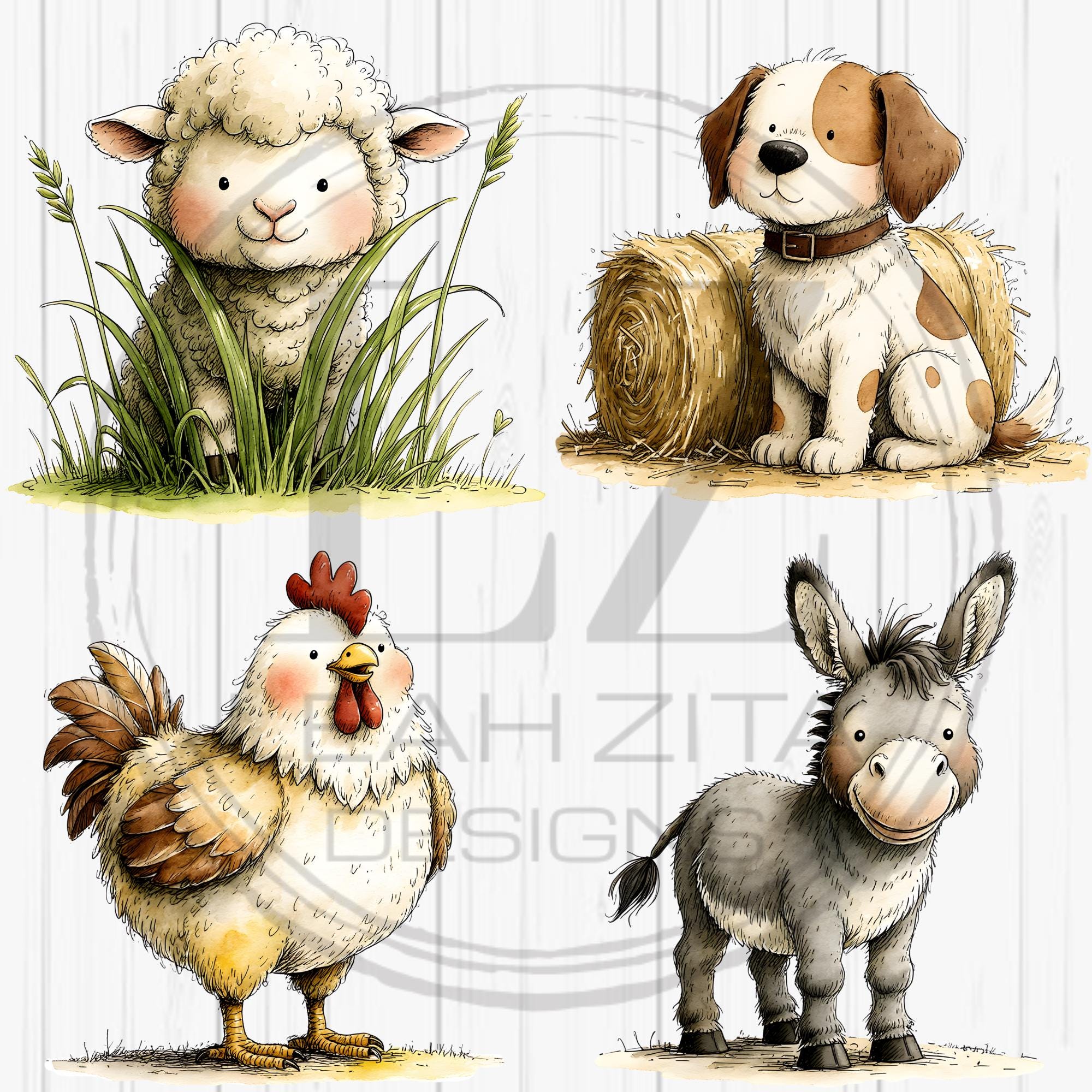 Cute Farm Animals Clipart Bundle, Watercolor Farm Animal PNG, Nursery ...