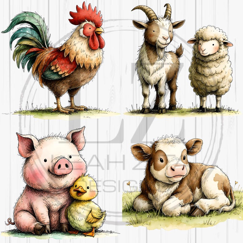 Cute Farm Animals Clipart Bundle, Watercolor Farm Animal PNG, Nursery ...