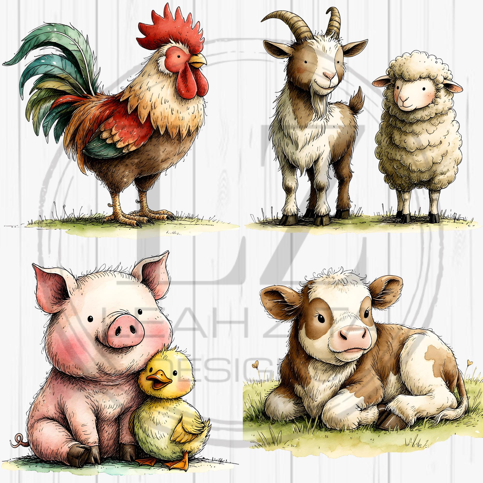 Cute Farm Animals Clipart Bundle, Watercolor Farm Animal PNG, Nursery ...