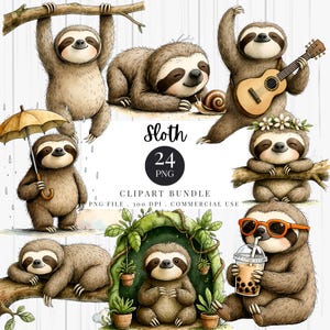 Può includere: Un pacchetto di clipart digitali con adorabili bradipi dei cartoni animati in varie pose. Un bradipo è appeso a un ramo, un altro suona l'ukulele e uno si gode una bevanda con gli occhiali da sole. Il testo "Sloth 24 PNG CLIPART BUNDLE" è incluso.