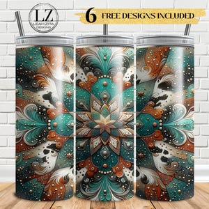 May include: Three stainless steel tumblers with intricate mandala designs. The tumblers feature a teal, brown, and black color scheme with a cowhide pattern. The design includes the text "6 FREE DESIGNS INCLUDED" and the logo "LZ LEAH ZITA DESIGNS".