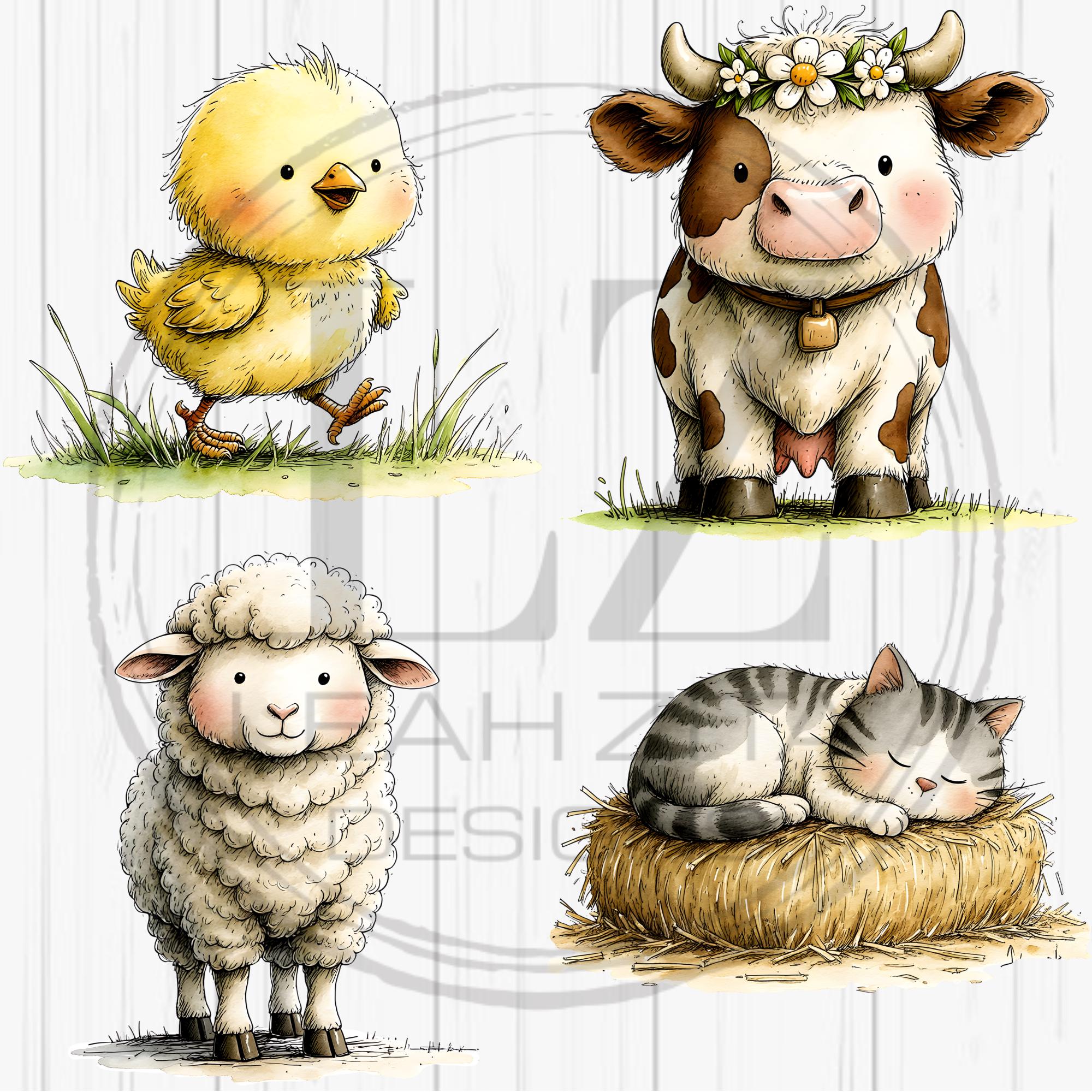 Cute Farm Animals Clipart Bundle, Watercolor Farm Animal PNG, Nursery ...
