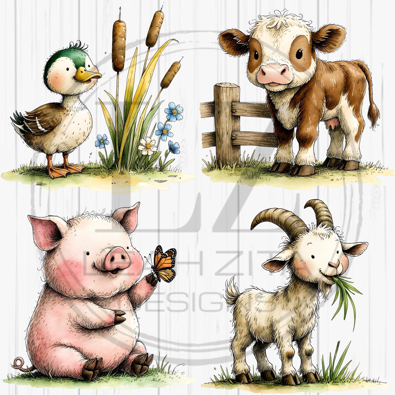 Cute Farm Animals Clipart Bundle, Watercolor Farm Animal PNG, Nursery ...