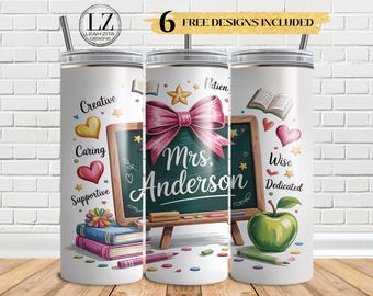Custom Name Teacher Appreciation Gift 20 oz Skinny Tumbler Sublimation Design Digital Download PNG Instant DIGITAL, Teacher Tumbler Wrap