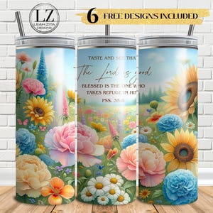 Bible Verse Floral Tumbler Wrap PNG, 20oz Christian Sublimation, Psalm 34:8 Design, Seamless Faith Wrap, Instant Download, God Religious PNG