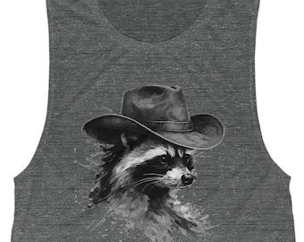 Canotta fluida con stampa acquerello di procione cowboy, maglietta con simpatici animali, amante della natura, regalo estivo vintage, top casual western, stile ecologico